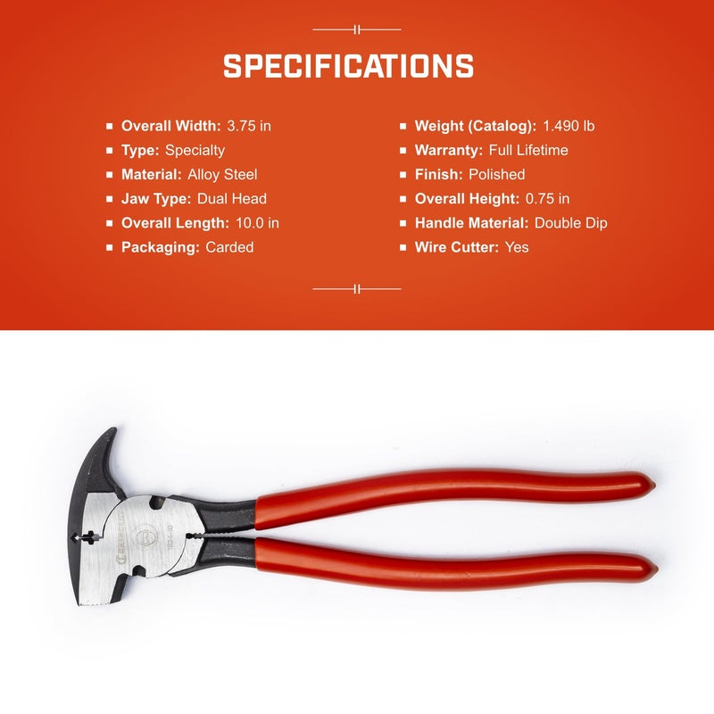 Crescent Dipped Handle, Heavy-Duty Solid Joint Fence Tool Pliers - Premium Wire Cutter & Staple Puller - 193410CVNN-05-10", Red - Image 5